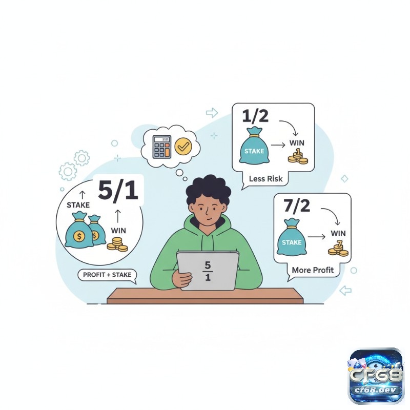 Người chơi cá cược đang tính toán lợi nhuận và rủi ro từ các odds phân số 5/1, 1/2 và 7/2