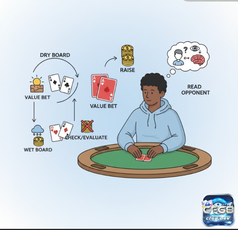 Overpair chơi thế nào – Cách xử lý bài mạnh trong Poker Người chơi poker đưa ra quyết định với các quân bài mạnh, cân nhắc cược lớn ở bàn "khô" và cẩn trọng ở bàn "ướt"