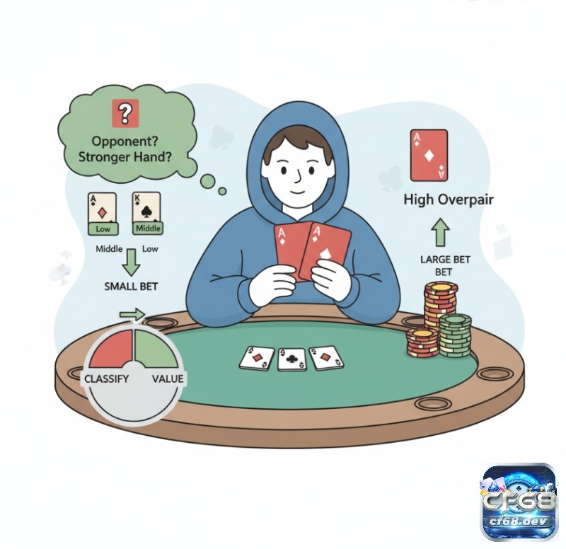 Overpair chơi thế nào – Cách xử lý bài mạnh trong Poker Người chơi bài phân tích các cặp bài (overpair) trên bàn để tránh đặt cược quá lớn
