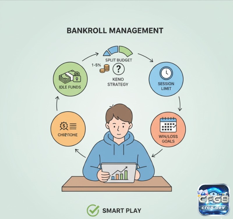 Quản lý vốn chơi Keno – Cách chia ngân sách và hạn chế rủi ro Người chơi Keno thiết lập bankroll management bằng cách chia nhỏ ngân sách, đặt giới hạn phiên và chỉ dùng vốn nhàn rỗi