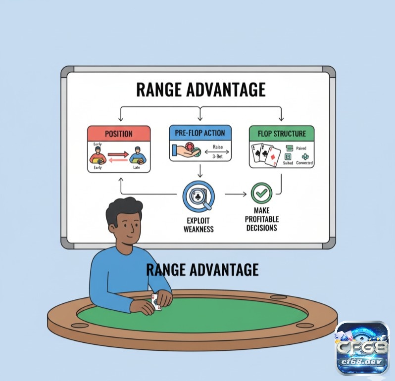 Range advantage là gì? Lợi thế bài và cách áp dụng trong Poker Người chơi Poker xác định lợi thế phạm vi bài dựa trên vị trí, hành động trước và cấu trúc flop