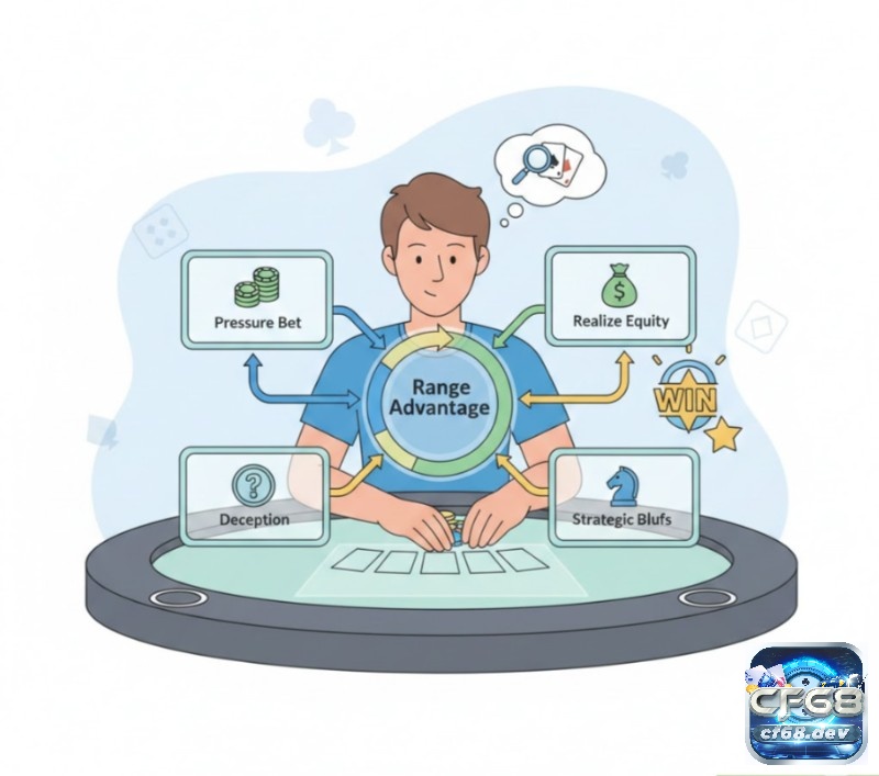 Range advantage là gì? Lợi thế bài và cách áp dụng trong Poker Người chơi poker áp dụng chiến thuật khai thác lợi thế phạm vi bài (Range Advantage) để tạo áp lực và giành chiến thắng