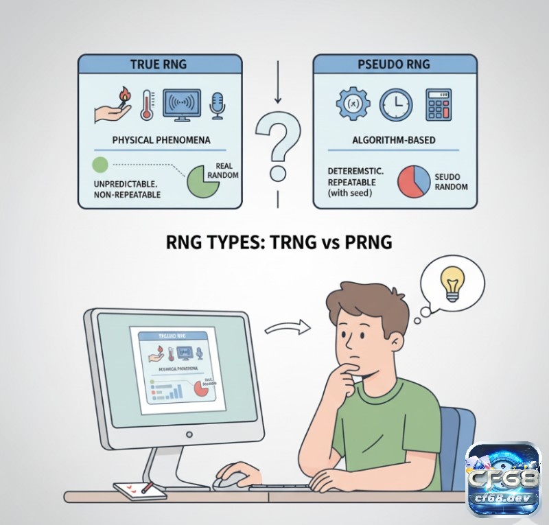 RNG hoạt động thế nào? Cơ chế tạo kết quả ngẫu nhiên Người chơi trò chơi trực tuyến, nhìn vào bảng so sánh TRNG và PRNG, hiểu các loại và sự khác biệt RNG
