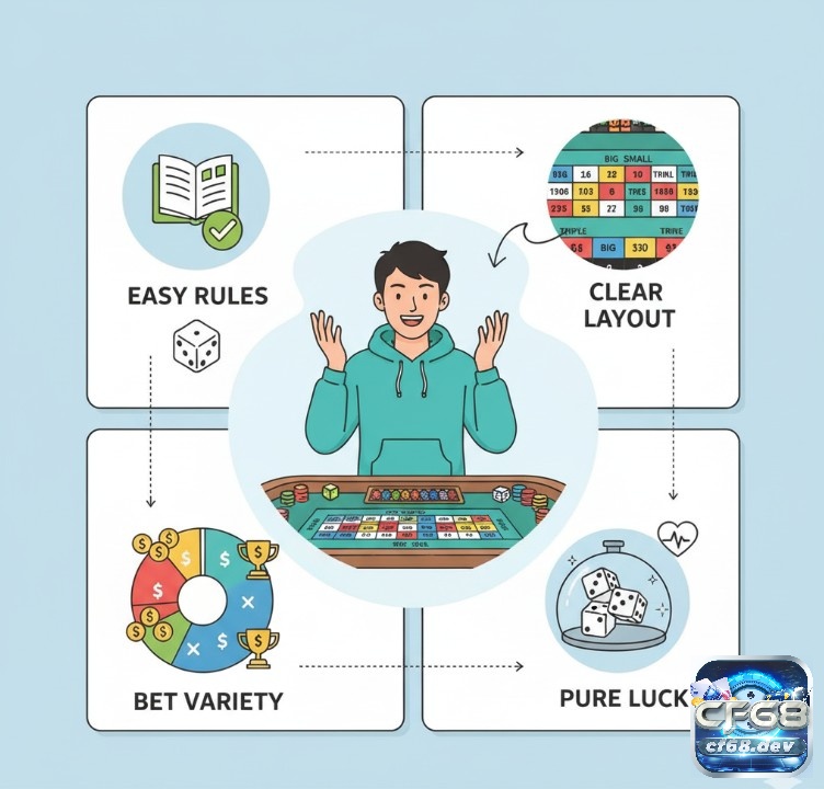 Sic Bo là gì? Khám phá luật chơi, cách đặt cược chi tiết Người chơi trải nghiệm Sic Bo với luật đơn giản, bàn cược trực quan và đa dạng lựa chọn cược