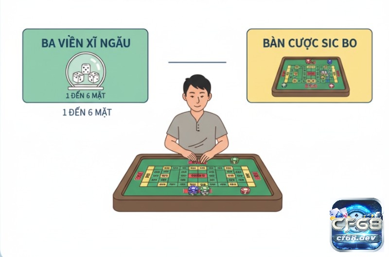 Sic Bo là gì? Khám phá luật chơi, cách đặt cược chi tiết Người chơi tìm hiểu về các dụng cụ cơ bản của Sic Bo: bàn cược với các ô đặt chip và ba viên xí ngầu