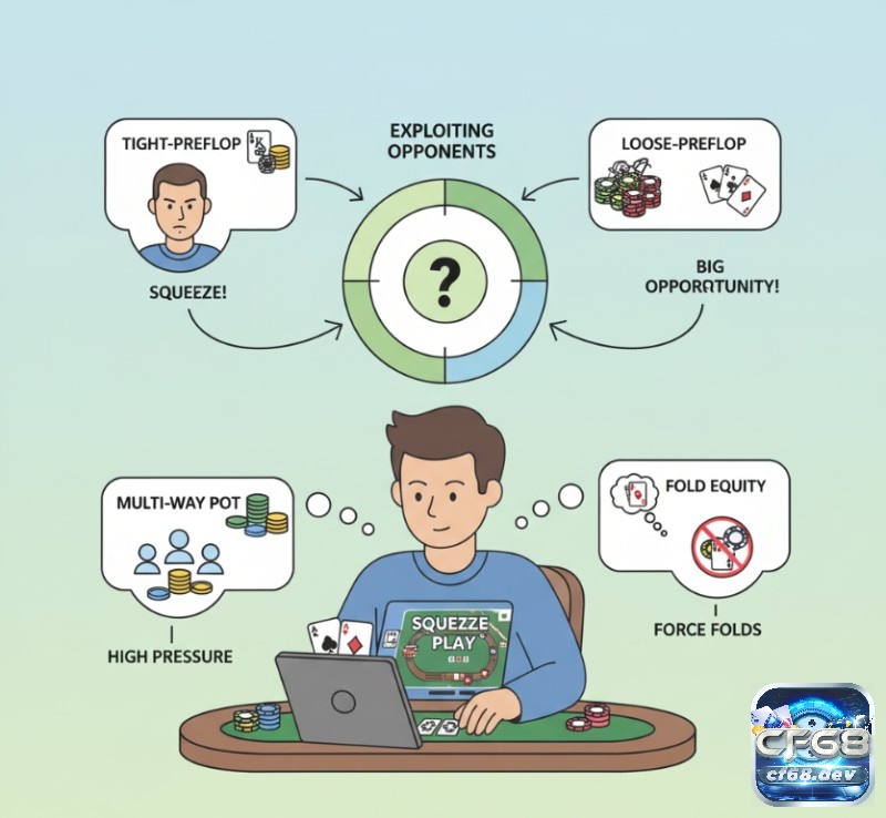 Squeeze play poker là gì? Chiến thuật raise ép đối thủ hiệu quả Người chơi poker khai thác từng loại đối thủ như tight-preflop, loose-preflop, và nhiều người call để thực hiện Squeeze Play hiệu quả