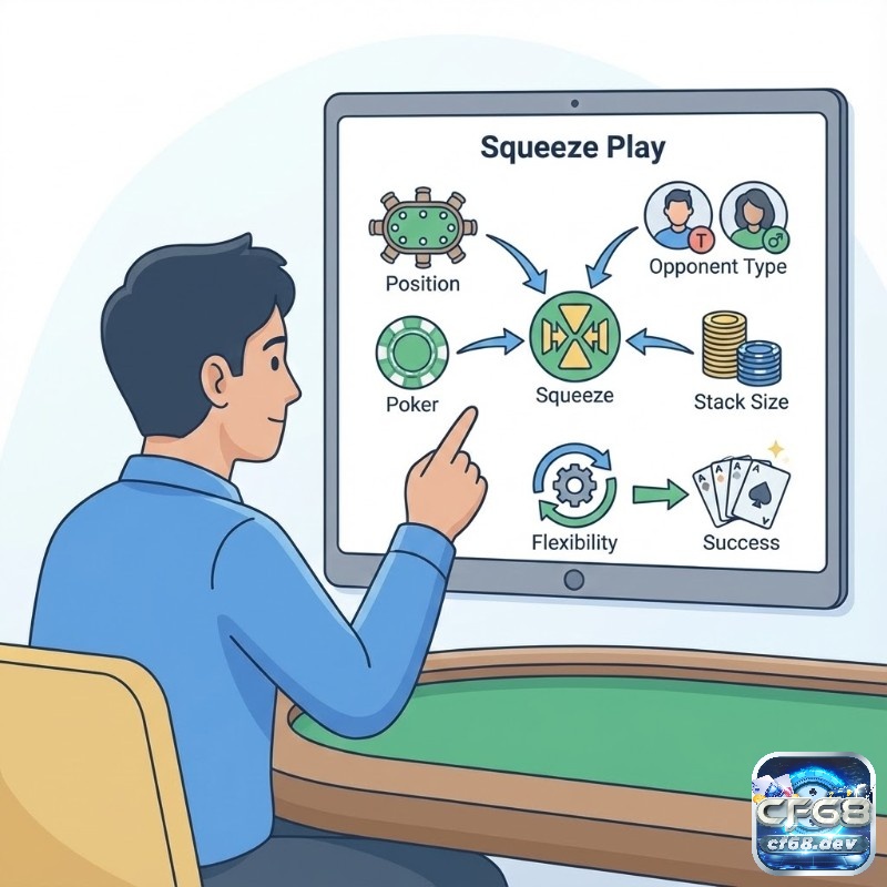 Squeeze play poker là gì? Chiến thuật raise ép đối thủ hiệu quả Người chơi poker ngồi tại bàn với các chip và lá bài, sẵn sàng áp dụng chiến thuật Squeeze Play
