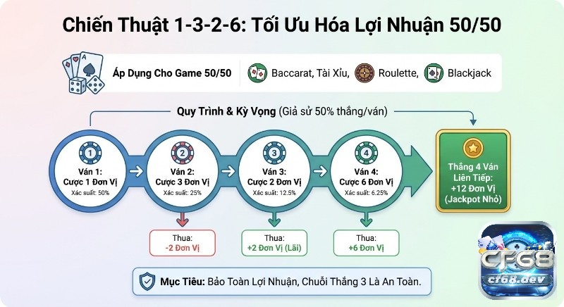 1-3-2-6 là gì? Bí quyết tăng tỷ lệ thắng casino online hiệu quả Quy trình chiến thuật 1-3-2-6 là gì tối ưu hóa lợi nhuận cho game 50/50, chi tiết cược và mục tiêu bảo toàn vốn