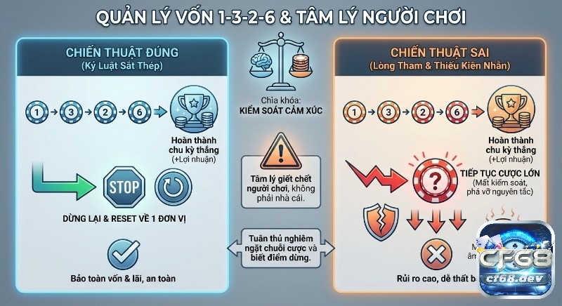 1-3-2-6 là gì? Bí quyết tăng tỷ lệ thắng casino online hiệu quả Biểu đồ so sánh chiến thuật quản lý vốn 1-3-2-6, nhấn mạnh tâm lý người chơi, kỷ luật và kiểm soát cảm xúc để biết điểm dừng an toàn