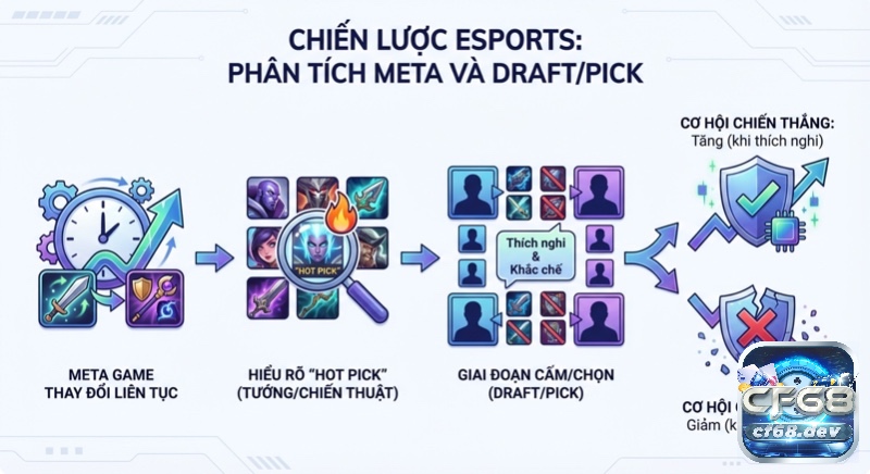 Cá cược Esports là gì? Cách chơi, phân tích kèo & chiến lược Quy trình chiến lược Esports: phân tích meta game, hot pick và thích nghi/khắc chế draft/pick, tăng cơ hội chiến thắng