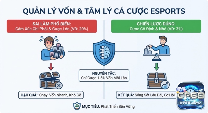 Cá cược Esports là gì? Cách chơi, phân tích kèo & chiến lược Sơ đồ hướng dẫn quản lý vốn và tâm lý cá cược Esports: đối chiếu rủi ro cược lớn (20%) với chiến lược cược 1-5% vốn cố định