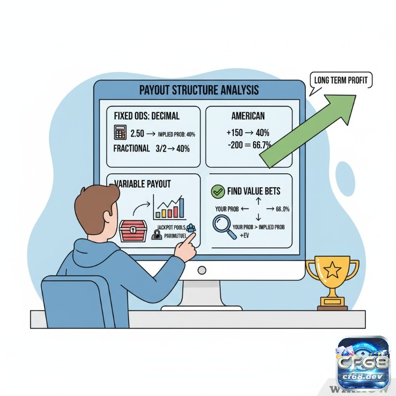 Cách quy đổi payout sang EV chi tiết nhất cho anh em Người chơi cá cược phân tích cấu trúc Payout (Decimal, Fractional, American Odds, Variable) để hiểu xác suất ngầm và tìm kiếm cược giá trị