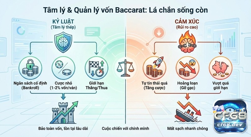 Chiến thuật cược Baccarat: Bí quyết luôn thắng từ cao thủ 2026 Sơ đồ đối chiếu tầm quan trọng của tâm lý thép, và quản lý vốn trong chiến thuật cược Baccarat, giúp bảo toàn tiền hoặc mất sạch nhanh chóng
