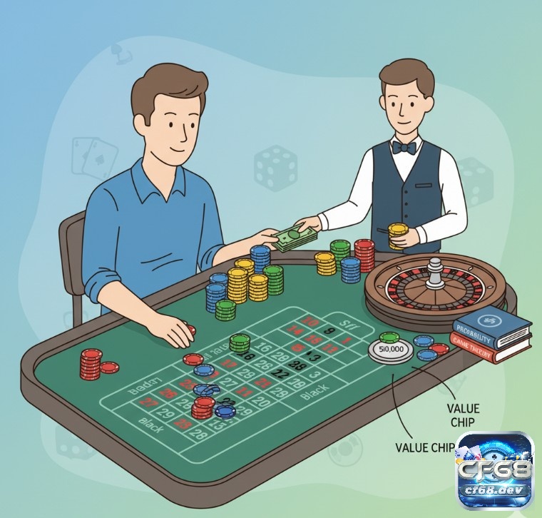 Chip màu trong Roulette là gì? Hướng dẫn chi tiết A-Z Người chơi đổi tiền lấy chip màu trong Roulette, quy ước giá trị với dealer để đặt cược và quản lý vốn hiệu quả tại bàn