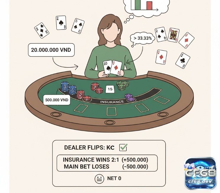 Cược bảo hiểm blackjack là gì? Chiến thuật chơi hiệu quả Người chơi blackjack phân tích các lá bài đã chia để quyết định cược bảo hiểm, tối ưu hóa lợi thế