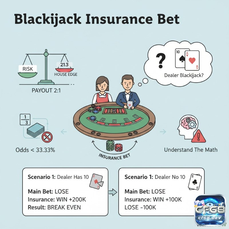 Người chơi Blackjack quyết định đặt cược bảo hiểm khi nhà cái có lá Át để tính toán rủi ro và lợi ích