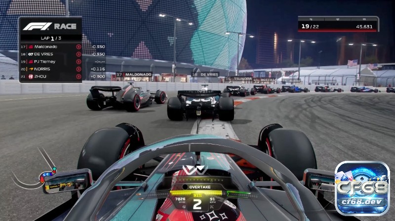 Game F1 23: Chuẩn mực mới của game đua xe công thức 1 Xe F1 chạy qua Las Vegas Strip trong đêm, biển hiệu neon và khán đài hiện rõ hai bên