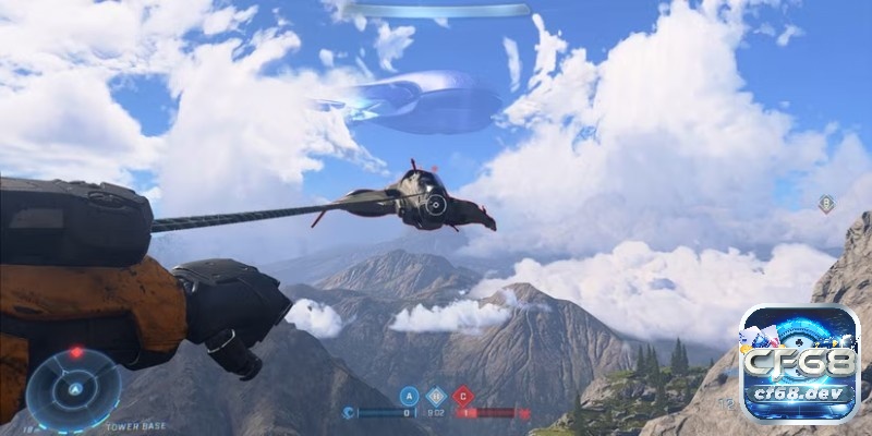 Game Halo Infinite FPS quân sự khốc liệt, đấu trí căng não Nhân vật dùng Grappleshot để bám lên máy bay và đổi vị trí nhanh trong game Halo Infinite