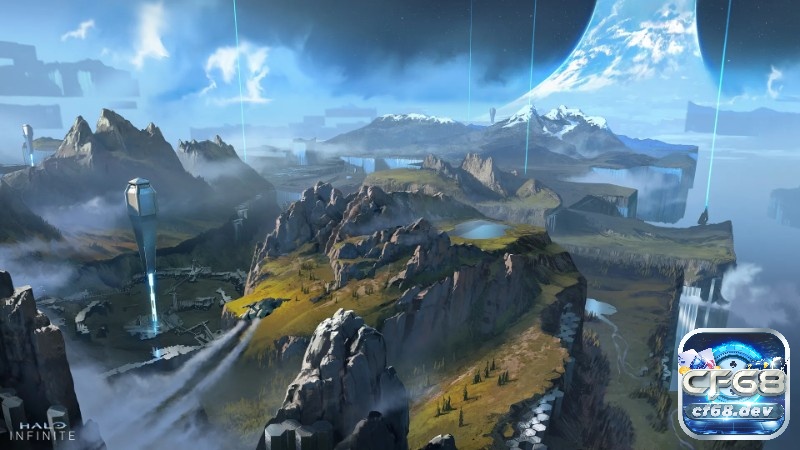 Game Halo Infinite FPS quân sự khốc liệt, đấu trí căng não Toàn cảnh địa hình Zeta Halo với nhiều tuyến đường đánh và điểm cao