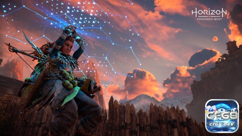 Game Horizon Forbidden West: Cuộc đi săn quái máy khổng lồ Hiệu ứng kỹ năng bùng sáng quanh Aloy trong lúc máy móc áp sát, khung cảnh chiến đấu căng thẳng