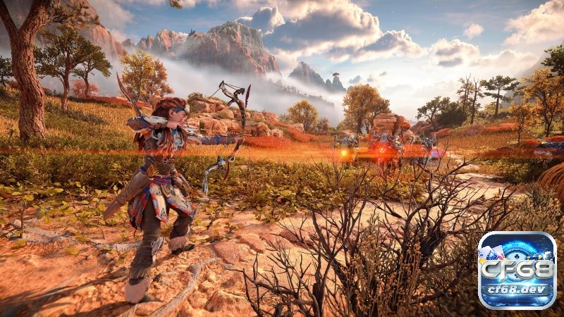 Game Horizon Forbidden West: Cuộc đi săn quái máy khổng lồ Aloy giương cung trong lúc máy móc lao tới, hiệu ứng kỹ năng bùng lên quanh nhân vật