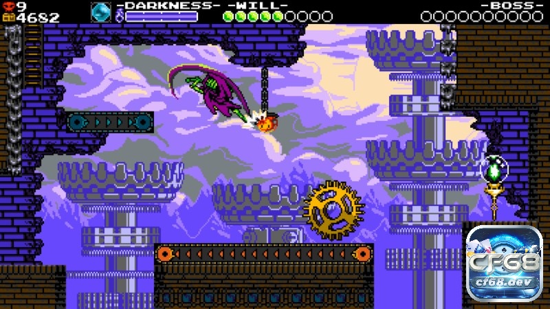 Game Shovel Knight: Treasure Trove - Game đi ngang cực đỉnh Specter Knight lao qua kẻ thù bằng đòn chém, nền tối và hiệu ứng pixel sắc nét