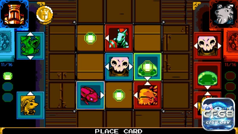 Game Shovel Knight: Treasure Trove - Game đi ngang cực đỉnh Bàn đấu Joustus hiển thị thẻ bài pixel, nhân vật đứng hai bên sân đấu