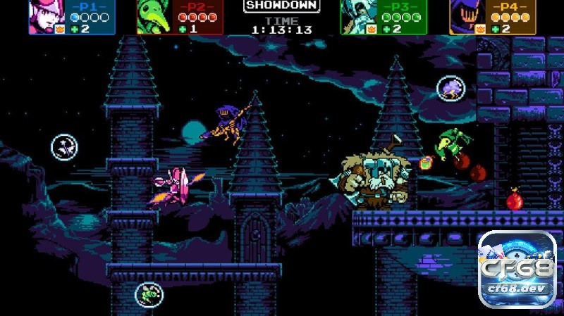 Game Shovel Knight: Treasure Trove - Game đi ngang cực đỉnh Nhân vật chính nhảy qua kẻ thù trong khung cảnh mơ hồ, phía dưới là vực sâu