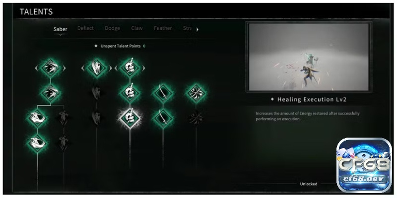 Game Thymesia: Soulslike tốc độ đẫm máu trên PC Cây Talent với các nhánh né, tấn công và hồi năng lượng được mở dần theo cấp
