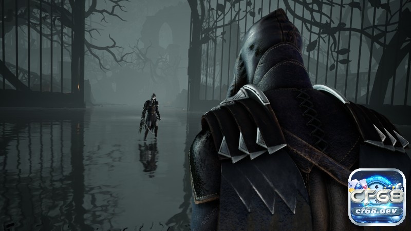 Game Thymesia: Soulslike tốc độ đẫm máu trên PC Corvus đứng trong thành phố đổ nát dưới ánh trăng, tông màu tối và sương mù trong game Thymesia
