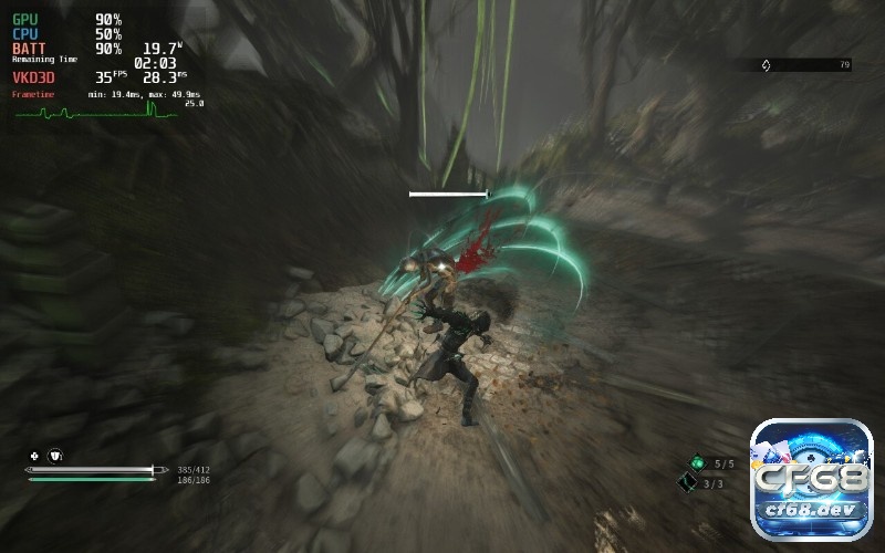 Game Thymesia: Soulslike tốc độ đẫm máu trên PC Cảnh cận chiến với kẻ địch tinh anh trong không gian hẹp và nhiều hiệu ứng va chạm