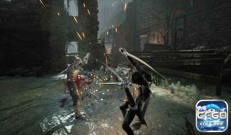Game Thymesia: Soulslike tốc độ đẫm máu trên PC Giao diện máu hai tầng trắng và xanh trong Thymesia khi đang giao tranh