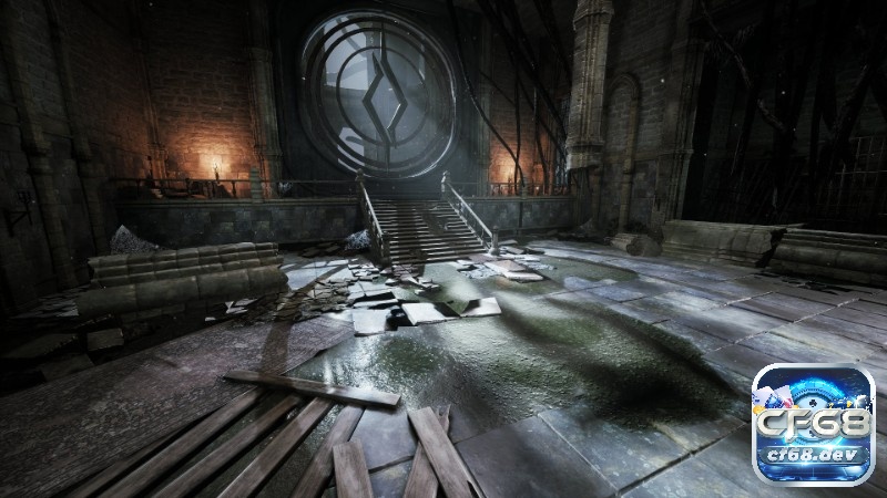 Game Thymesia: Soulslike tốc độ đẫm máu trên PC Lối đi tối với kiến trúc sụp đổ và ánh trăng chiếu xiên trong game Thymesia