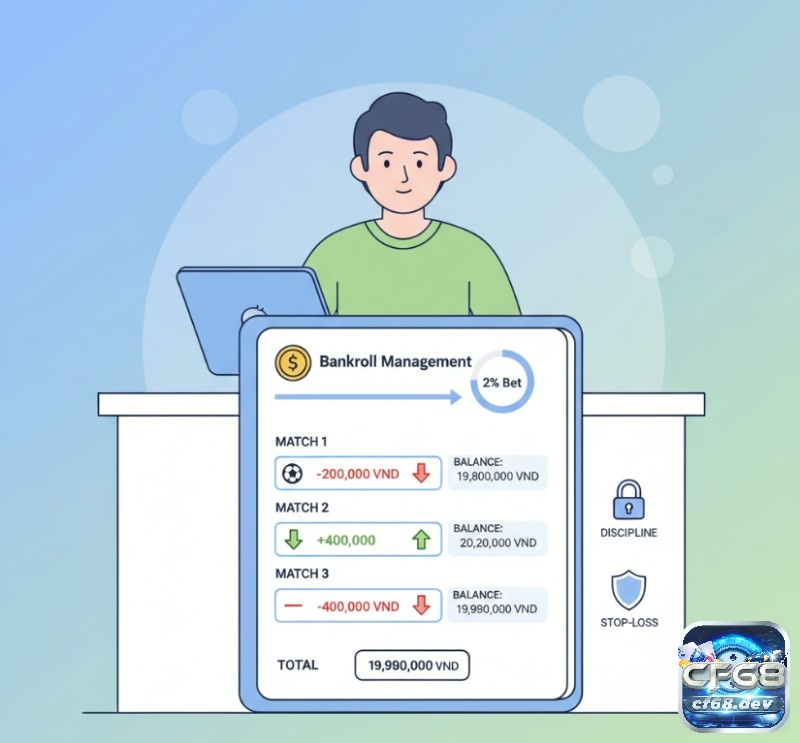 Kèo chấp đồng banh nửa trái là gì? Hướng dẫn cược uy tín 2026 Người chơi quản lý ngân sách cá cược 20 triệu VND qua 4 trận đấu, ghi lại kết quả hòa/thắng/thua và số dư tài khoản