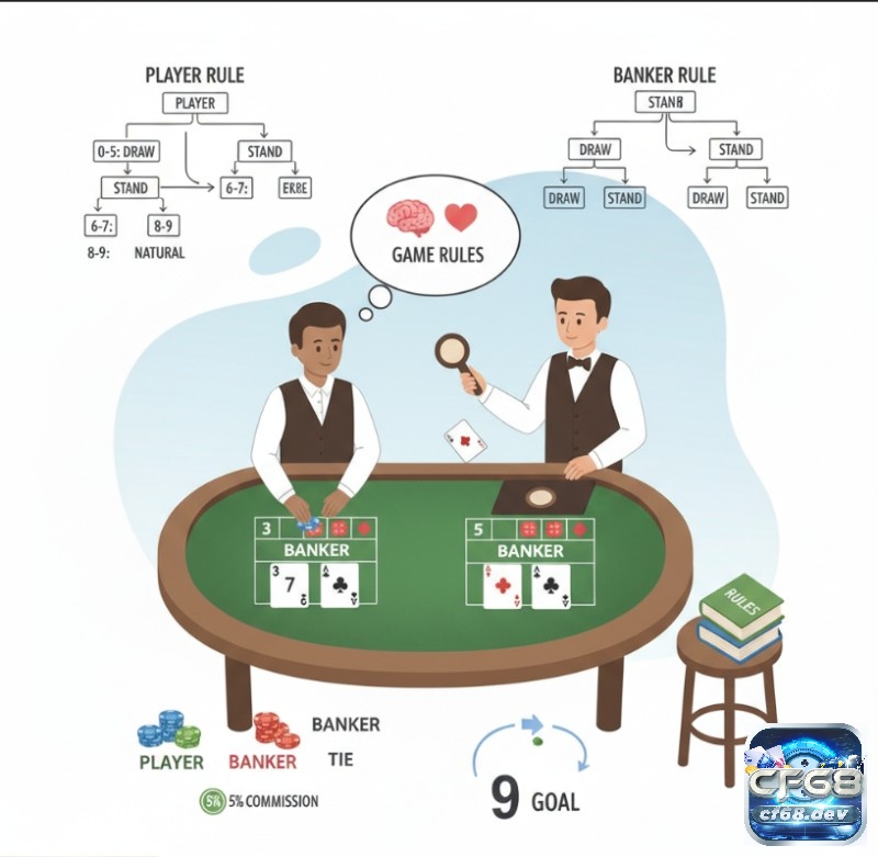 Luật chơi Baccarat cơ bản: Hướng dẫn dễ hiểu cho tân thủ Người chơi Baccarat theo dõi quy tắc chia và rút bài cho Player và Banker để hiểu cơ chế thắng thua