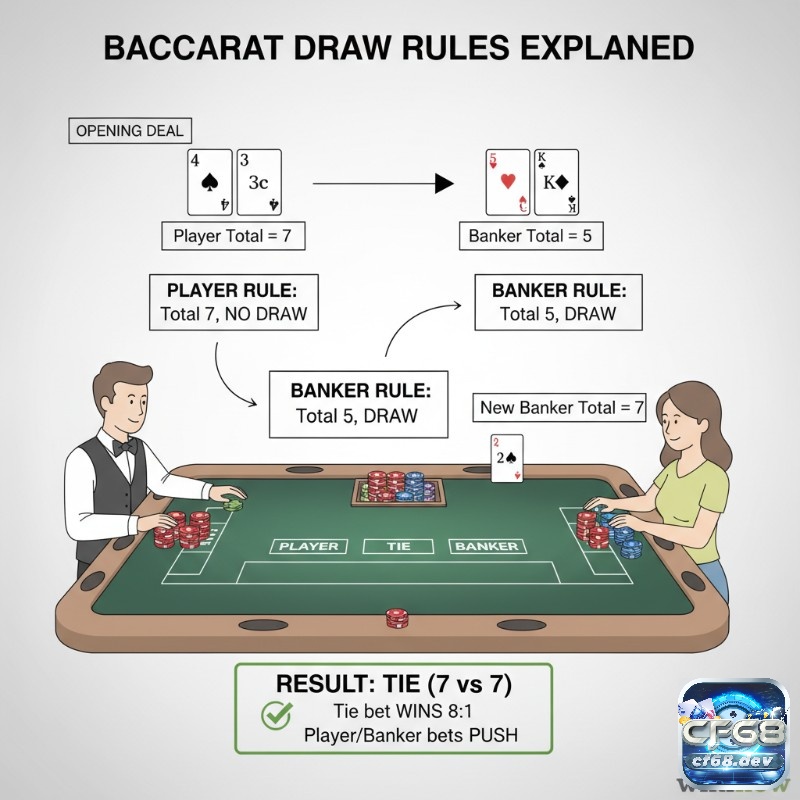 Luật chơi Baccarat cơ bản: Hướng dẫn dễ hiểu cho tân thủ Người chơi theo dõi diễn biến ván Baccarat điển hình, từ chia bài đến quyết định rút bài của Player và Banker
