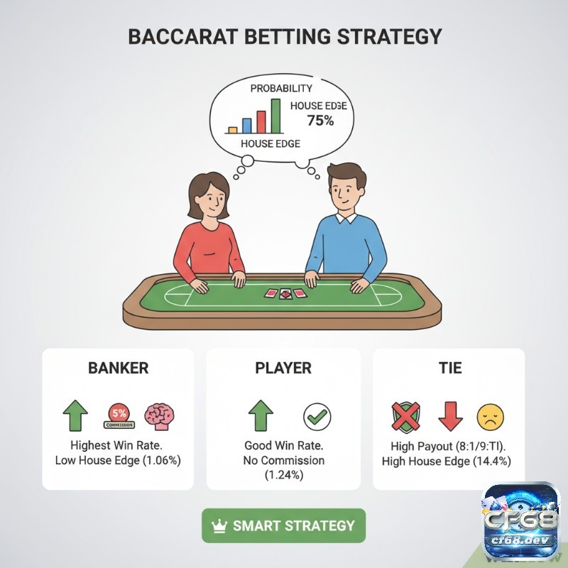 Luật chơi Baccarat cơ bản: Hướng dẫn dễ hiểu cho tân thủ Người chơi Baccarat phân tích xác suất thắng của Banker, Player, Tie để tối ưu hóa chiến lược cược