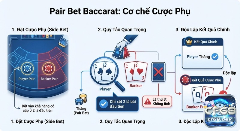 Pair Bet Baccarat là gì? Định nghĩa, cách chơi chuẩn xác 2026 Hướng dẫn cơ chế Pair Bet Baccarat, làm rõ cách đặt cược phụ, quy tắc chỉ xét hai lá bài đầu, và tính độc lập kết quả chính