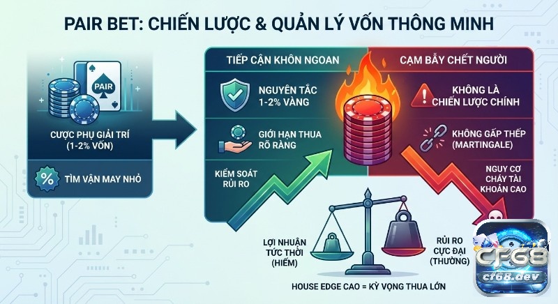 Pair Bet Baccarat là gì? Định nghĩa, cách chơi chuẩn xác 2026 Bảng so sánh chiến lược quản lý vốn Pair Bet thông minh, nhấn mạnh nguyên tắc 1-2% vốn và tránh cạm bẫy Martingale gây cháy tài khoản