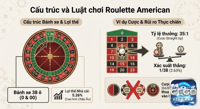 Roulette American là gì? Luật chơi, xác suất và chiến lược Tổng quan cấu trúc và luật chơi Roulette American là gì, giải thích bánh xe 38 ô, lợi thế nhà cái 5.26% và xác suất cược thẳng