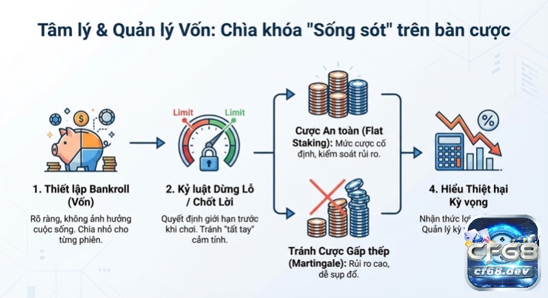 Roulette American là gì? Luật chơi, xác suất và chiến lược Quy trình 4 bước quản lý vốn và tâm lý tối ưu khi chơi Roulette American, thiết lập bankroll, dừng lỗ, tránh Martingale