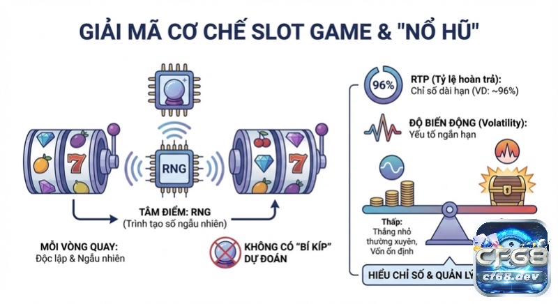 Slot game là gì? Giải mã cơ chế nổ hũ, RTP & chiến lược chơi Sơ đồ giải mã cơ chế slot game: nổ hũ thực chiến thông qua RNG, RTP cũng như là độ biến động để tối ưu quản lý vốn trong slot game là gì