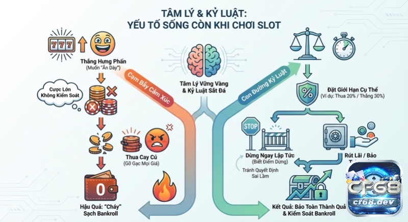 Slot game là gì? Giải mã cơ chế nổ hũ, RTP & chiến lược chơi Biểu đồ chỉ rõ tầm quan trọng của tâm lý và kỷ luật đối với tay chơi slot, phân tích con đường cảm xúc dẫn đến cháy bankroll và chiến lược bảo toàn vốn