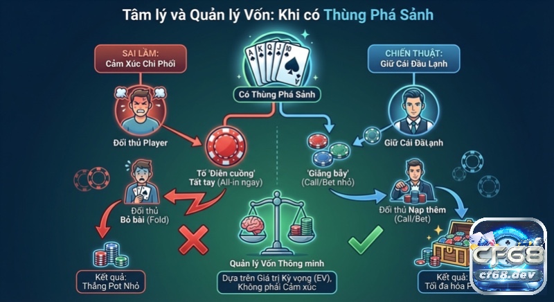 Thùng phá sảnh poker là gì? Giải thích sức mạnh & cách chơi Sơ đồ so sánh cách quản lý vốn thông minh với hành động theo cảm xúc khi có thùng phá sảnh, nhằm tối ưu lợi nhuận dựa trên EV