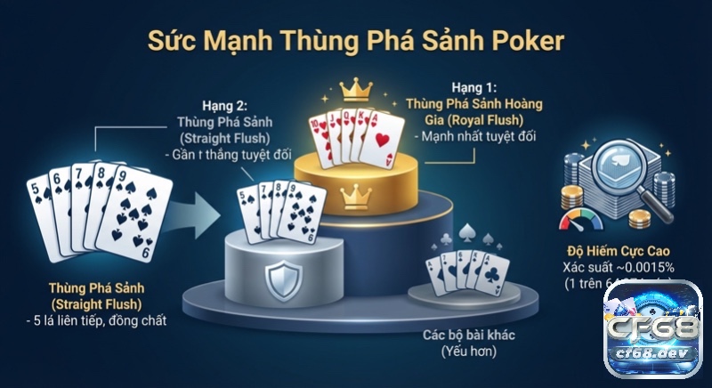 Thùng phá sảnh poker là gì? Giải thích sức mạnh & cách chơi So sánh sức mạnh thùng phá sảnh poker, thùng phá sảnh hoàng gia và độ hiếm cực cao 0.0015% (1/64,974 ván)