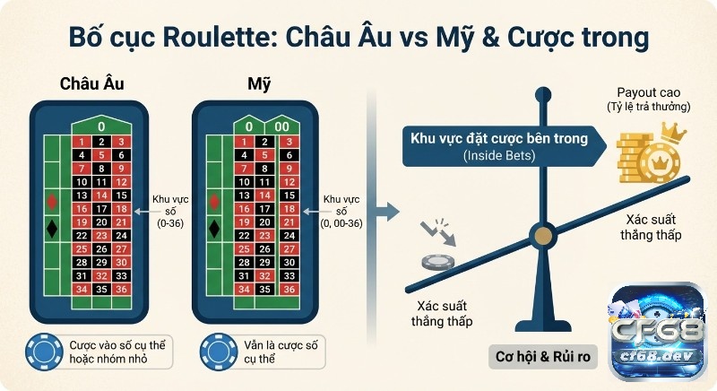 Bố cục bàn Roulette: Giải mã chi tiết & các loại cược cơ bản Bảng so sánh bố cục bàn Roulette Châu Âu và Mỹ, cùng khu vực cược trong, tỷ lệ trả thưởng cao nhưng xác suất thắng thấp