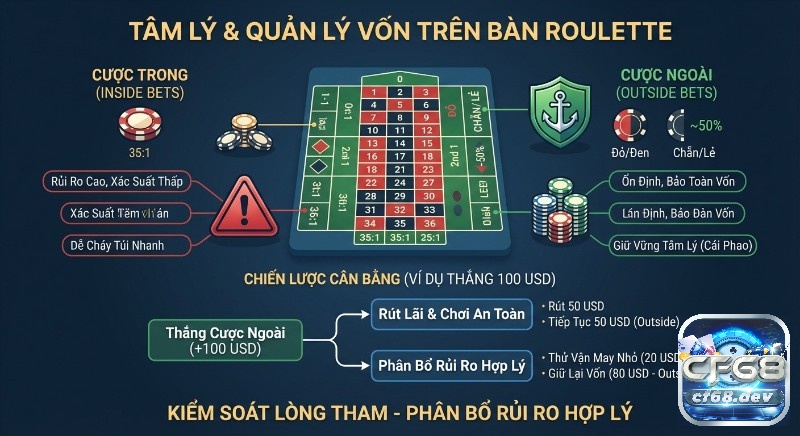 Bố cục bàn Roulette: Giải mã chi tiết & các loại cược cơ bản Sơ đồ chiến lược quản lý vốn và tâm lý khi chơi Roulette, cân bằng cược trong, cược ngoài, ví dụ thắng 100 USD