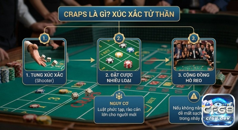 Craps là gì? Hướng dẫn chơi, luật và mẹo thắng lớn cực nhanh Sơ đồ giải thích Craps là gì, quy trình chơi xúc xắc tử thần 3 bước cùng các rủi ro luật phức tạp, dễ mất vốn cho người mới