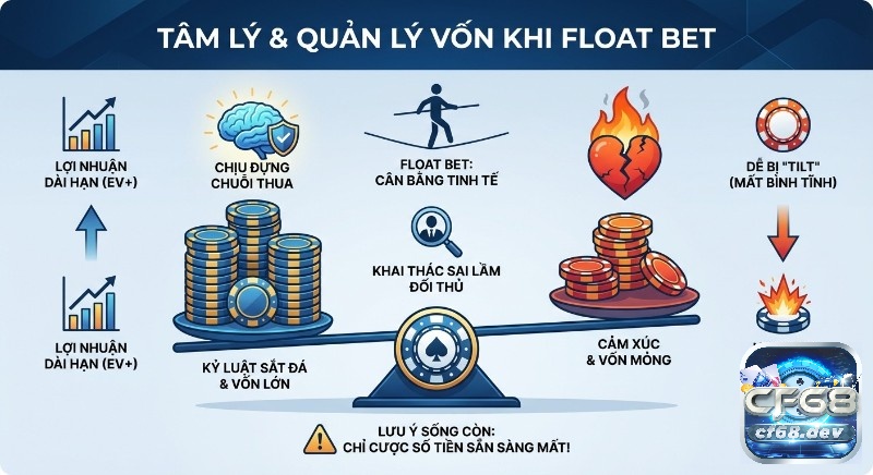 Float bet là gì? Hướng dẫn kỹ thuật chơi Poker từ cao thủ Nguyên tắc cân bằng tâm lý và quản lý vốn hiệu quả khi float bet, nhấn mạnh kỷ luật, vốn lớn để đạt EV+ và tránh nguy cơ cháy túi