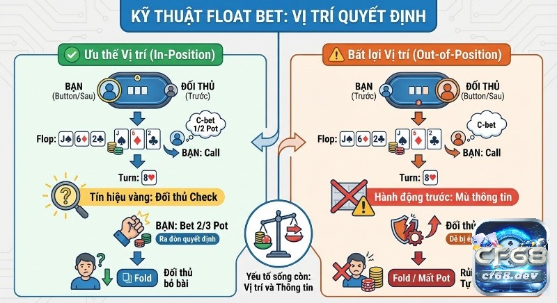 Float bet là gì? Hướng dẫn kỹ thuật chơi Poker từ cao thủ Sơ đồ phân tích float bet làm rõ việc tận dụng lợi thế vị trí và thông tin đối thủ để tung đòn hiệu quả hoặc hạn chế nguy cơ tự gây bất lợi